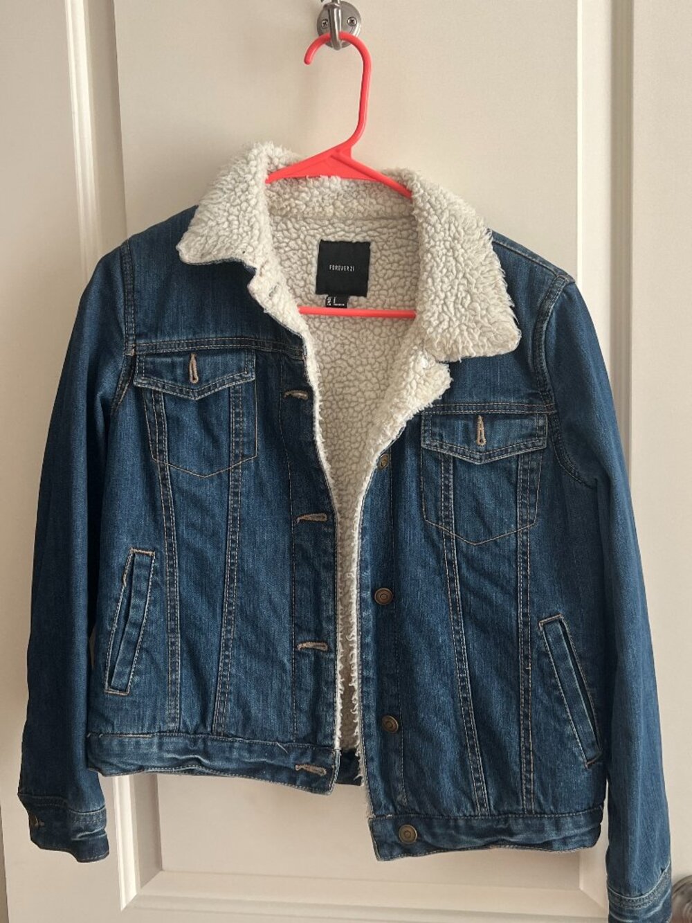 Forever 21 Sherpa Lined Denim Jacket Fleece Collar Jean Trucker Coat Cozy